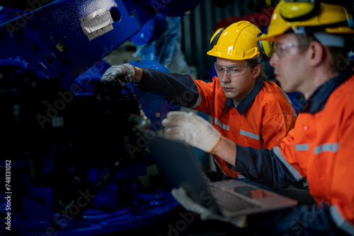 Business engineers meet and check control heavy machine robot arm. Diverse Team of Industrial Robotics Engineers Gathered Around machine. Professional Machinery Operator Use Industrial Digital Tablet.