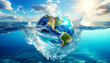 Close-up of a sinking earth globe with splashes in transparent sea water, in the background clear sky with white clouds and sunlight. Generative Ai.