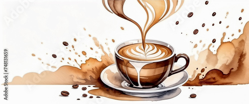 A cup of coffee with latte art. Coffee and beans. Brown smeared marks. Expressing the scent of coffee. Isolated on a white background. Illustration in watercolor style.