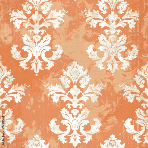 Distressed damask pattern on a rustic orange background.