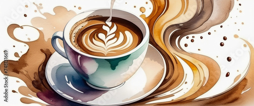 Coffee with outstanding latte art. Waves of brown paint on a white background. Expresses a strong coffee aroma. Illustration in watercolor style.