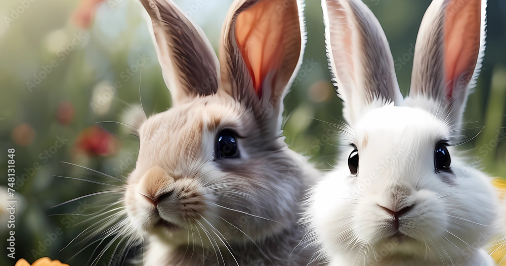 Obraz premium Beautiful cute fluffy bunny on green field