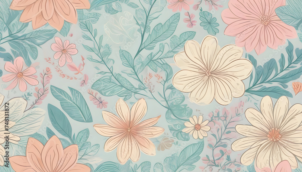 floral drawing vintage wallpaper pattern in delicate soft colors on a green background