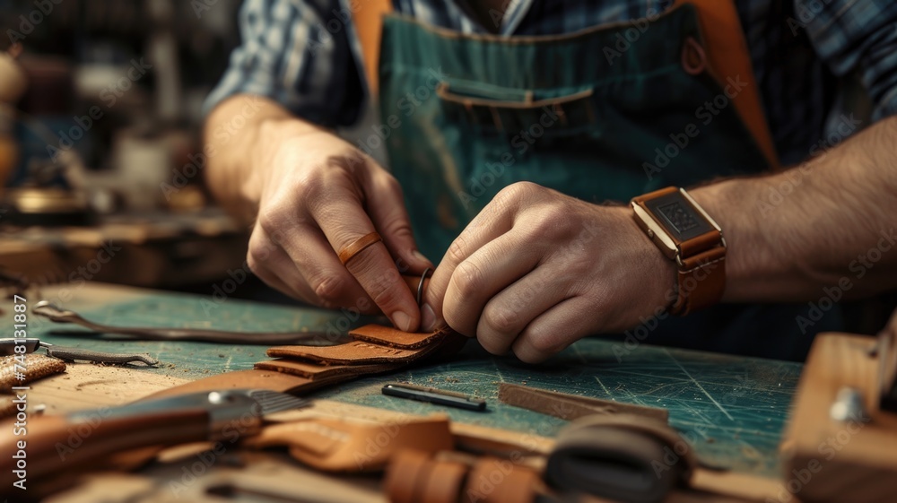 Craftsman's Hands with Leather Straps for leather bracelet, highlighting the craftsmanship behind unique accessories