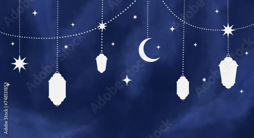 Arabic traditional Ramadan Kareem eastern lanterns garland. Muslim ornamental hanging lanterns, stars and moon vector illustration. Islamic oriental garland. Muslim holiday lantern traditional