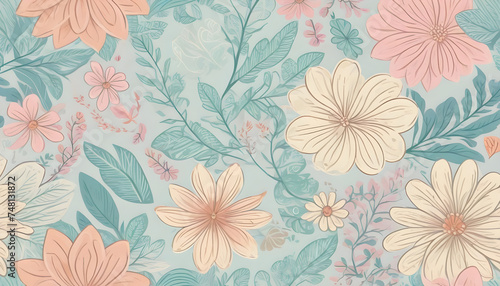 Wallpaper Mural girls background - floral drawing vintage wallpaper pattern in delicate soft colors on a green background Torontodigital.ca