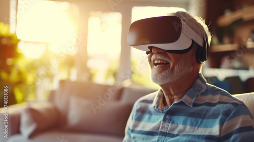 Senior man lifestyle at home with modern technology concept. Elder man wearing virtual reality headset for therapy by metaverse tech online. Older relax on day play vr game, generative ai © OP38Studio