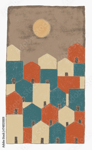 Old drawn city background with sun