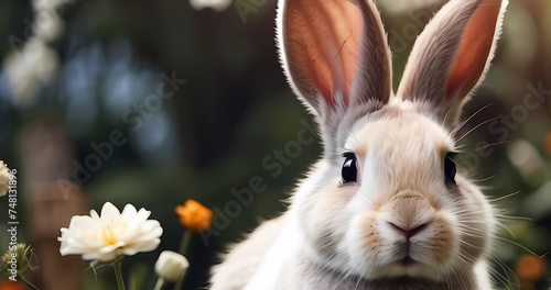 Beautiful cute fluffy bunny on green field