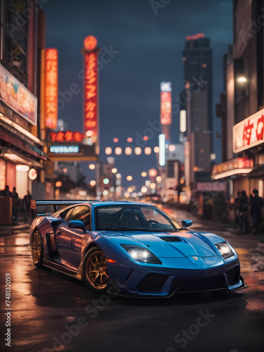 Elegant modern art with sport car on night street