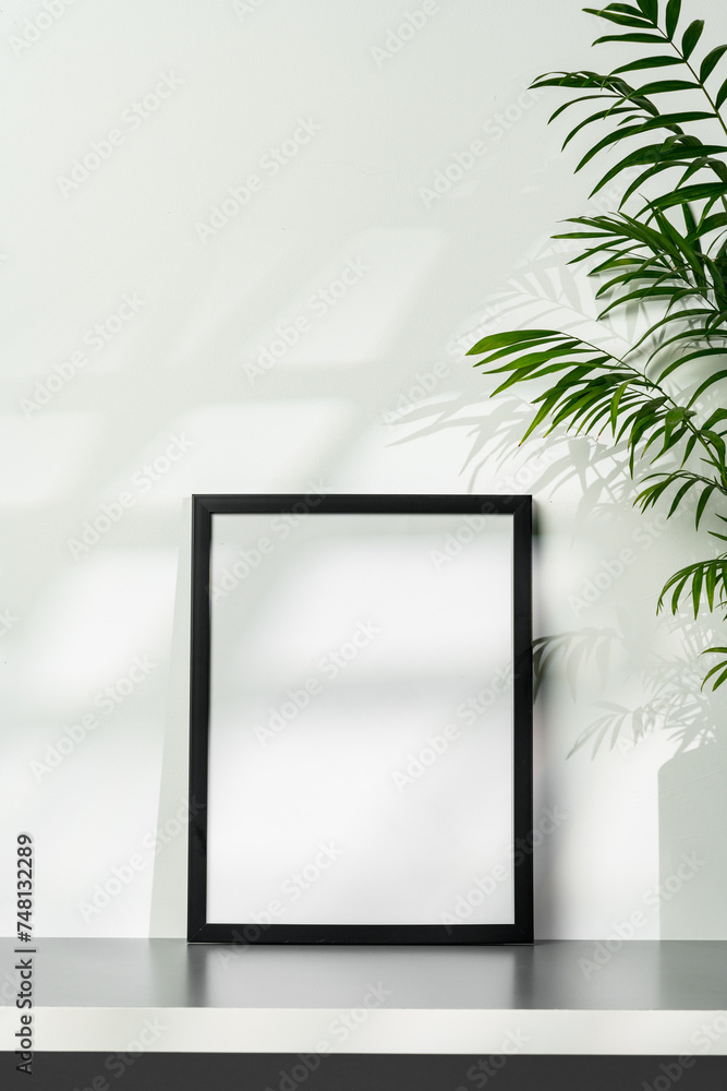 Black wooden photo frame and plant on gray background Black wooden photo frame and plant on gray background