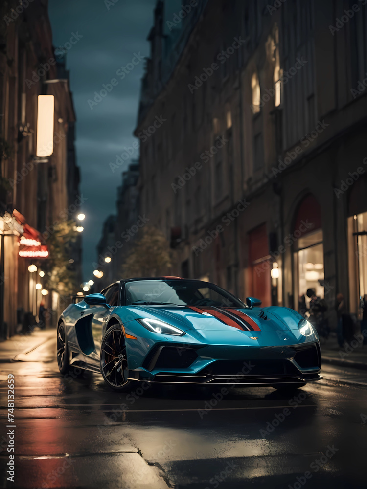 Fototapeta premium Elegant modern art with sport car on night street
