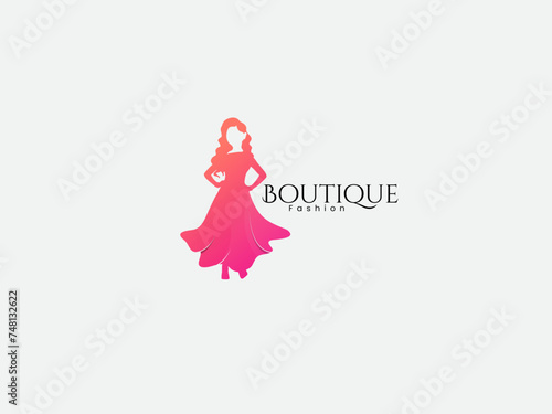  Female model logo design. Boutique logo. Clothing business. Dress vector art. Icon. Finance. Girl fashion dress logo. Premium. Business. 