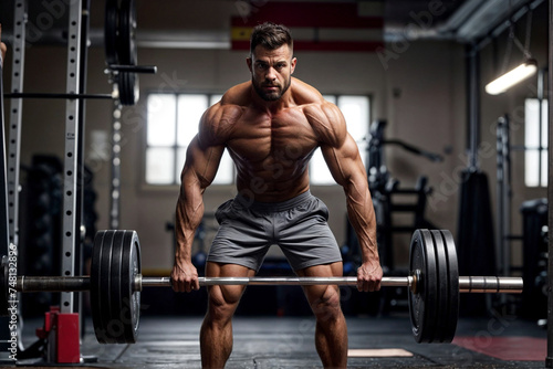 A strong muscular man lifting a barbell weight in a gym. Concept of bodybuilding, healthy life, fitness, workout