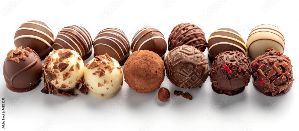 Obraz premium A group of rich and decadent chocolate truffles is neatly arranged in a row against a white background. Each truffle exudes a glossy sheen, showcasing its unique flavors and fillings. The assortment
