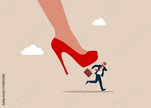 Employee is afraid of the big female foot. Demoralised employee. stress with businesswoman. Flat vector illustration