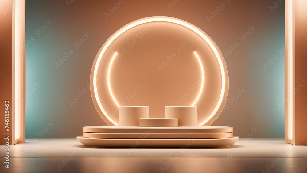 gold podium with gentle luxurious lighting 3d shape product display presentation, minimal wall scene, studio room gold podium with gentle luxurious lighting 3d shape product display presentation, minimal wall scene, studio room