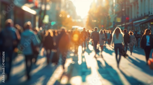 A blurred group of people walking through city streets as the sun sets, capturing the hustle of urban life.