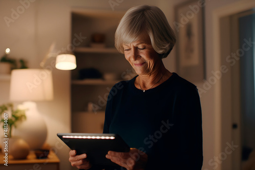 Portrait of smiling beautiful senior aged mature woman using tablet computer.