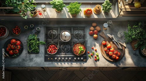 Top view of a modern kitchen with fresh vegetables and a pot on the stove  cooking concept.