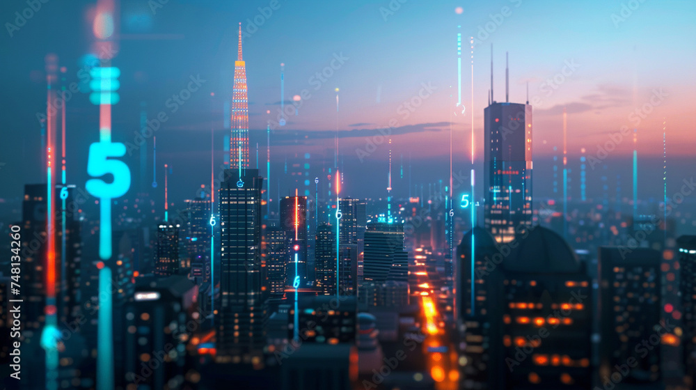 A cityscape with 5G towers prominently displayed against the skyline, showcasing the infrastructure enabling faster data speeds, 5G networks rollout, blurred background, with copy
