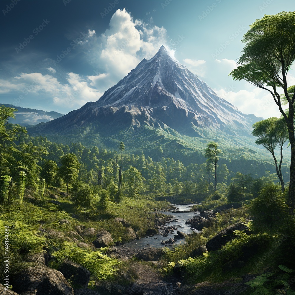illustration of the beauty of an exotic volcanic peak against a backdrop of trees and tropical forests, the very active Mount Merapi on the island of Java, Indonesia.
