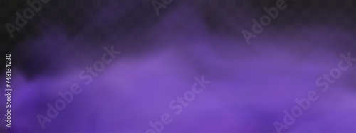 Scary mystical  violet fog in night Halloween. Purple poisonous gas, dust and smoke effect.Realistic neon magic mist steam on a transparent dark background.