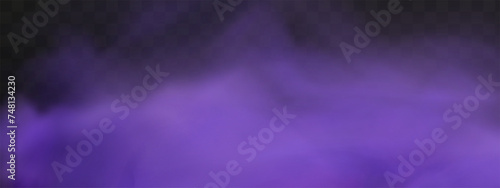 Scary mystical violet fog in night Halloween. Purple poisonous gas, dust and smoke effect.Realistic neon magic mist steam on a transparent dark background.