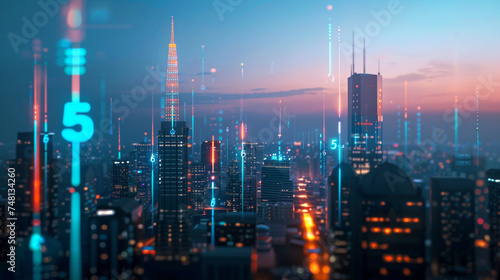 A cityscape with 5G towers prominently displayed against the skyline, showcasing the infrastructure enabling faster data speeds, 5G networks rollout, blurred background, with copy