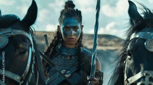 A female warrior her face painted with blue woad riding on a chariot pulled by two powerful black horses her spear at the ready.