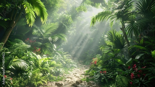 Mystical jungle pathway with sunbeams piercing through the lush green foliage and vibrant flora.