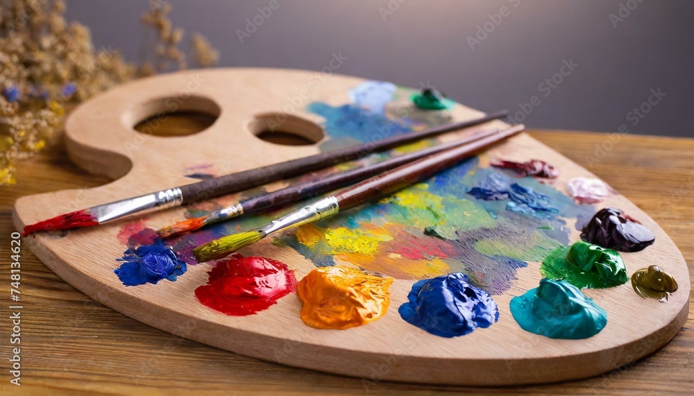 Painter's wooden palette with oil paint of different colors. Painter's wooden palette with oil paint of different colors.