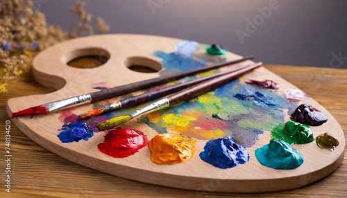 Painter's wooden palette with oil paint of different colors.