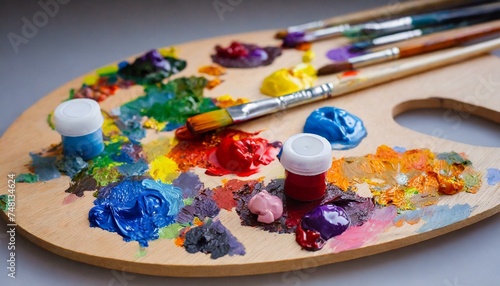 Painter's wooden palette with oil paint of different colors.