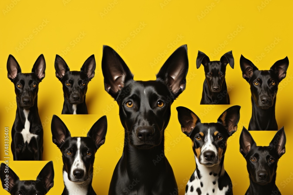 background of many faces of cute domestic animals. Dogs, cats