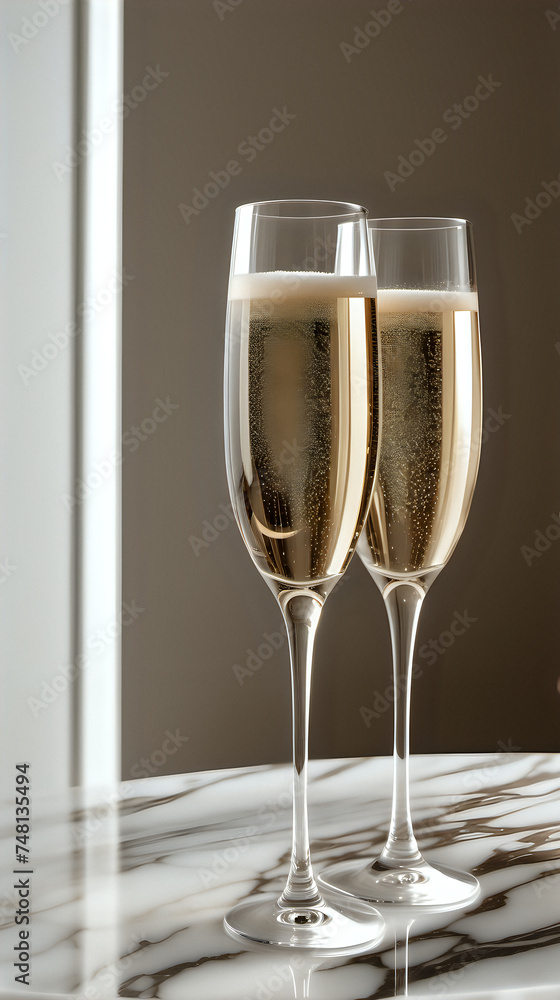Two Prosecco glasses on a luxury marble table. In neutral warm beige tones. A rich girl aesthetic. Two Prosecco glasses on a luxury marble table. In neutral warm beige tones. A rich girl aesthetic.