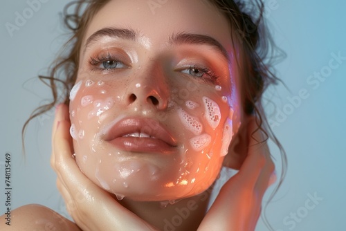 Woman with blue eyes cleansing her face with foaming soap, drop of water cascading down her cheeks