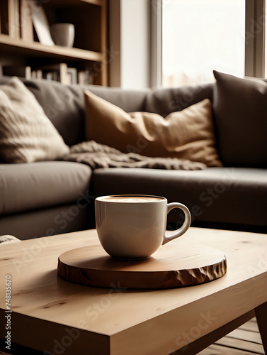 Coffee cup on a wooden coffee table in a cozy neutral living room. Warm room with soft furnishings