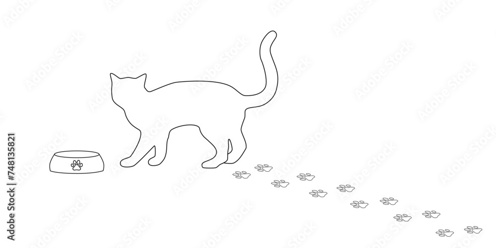 Silhouette of a cat and a bowl with paw print trail on a white background. Vector illustration, web design object. Silhouette of a cat and a bowl with paw print trail on a white background. Vector illustration, web design object.