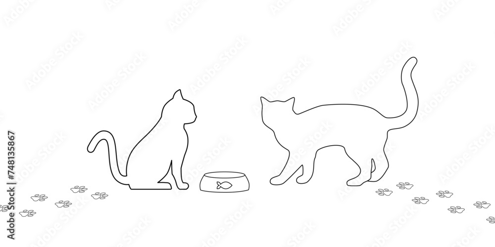 Silhouette of cats and a bowl with paw print trail on a white background. Vector illustration, web design object. Silhouette of cats and a bowl with paw print trail on a white background. Vector illustration, web design object.