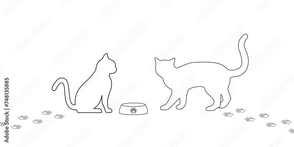 Silhouette of cats and a bowl with paw print trail on a white background. Vector illustration, web design object.	