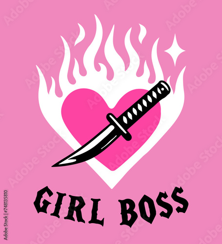 Heart with flames and a knife on a pink background with a hand-drawn "girl boss" inscription