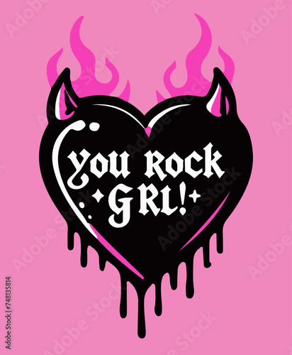 Flaming heart with horns on a pink background with a hand-drawn "you rock, girl" inscription