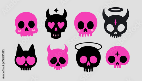 Set of cute girlish gothic ilustrations with skulls in black and pink for transfer tattoos and stickers.