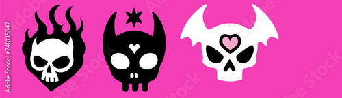 Set of cute creepy skulls on a pink background. Vector elements for flash tattoos and stickers.