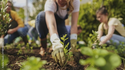 Fototapeta Naklejka Na Ścianę i Meble -  Community gardening project with diverse group of people planting in urban green space