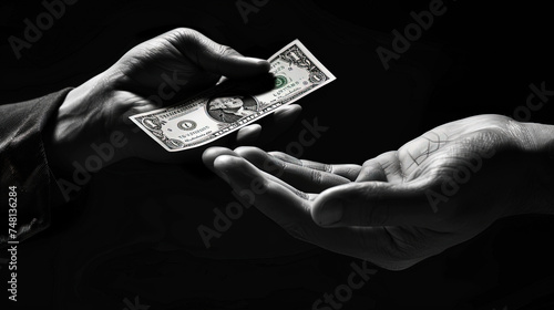 A person handing a dollar bill to another person, symbolizing a transaction or act of kindness photo