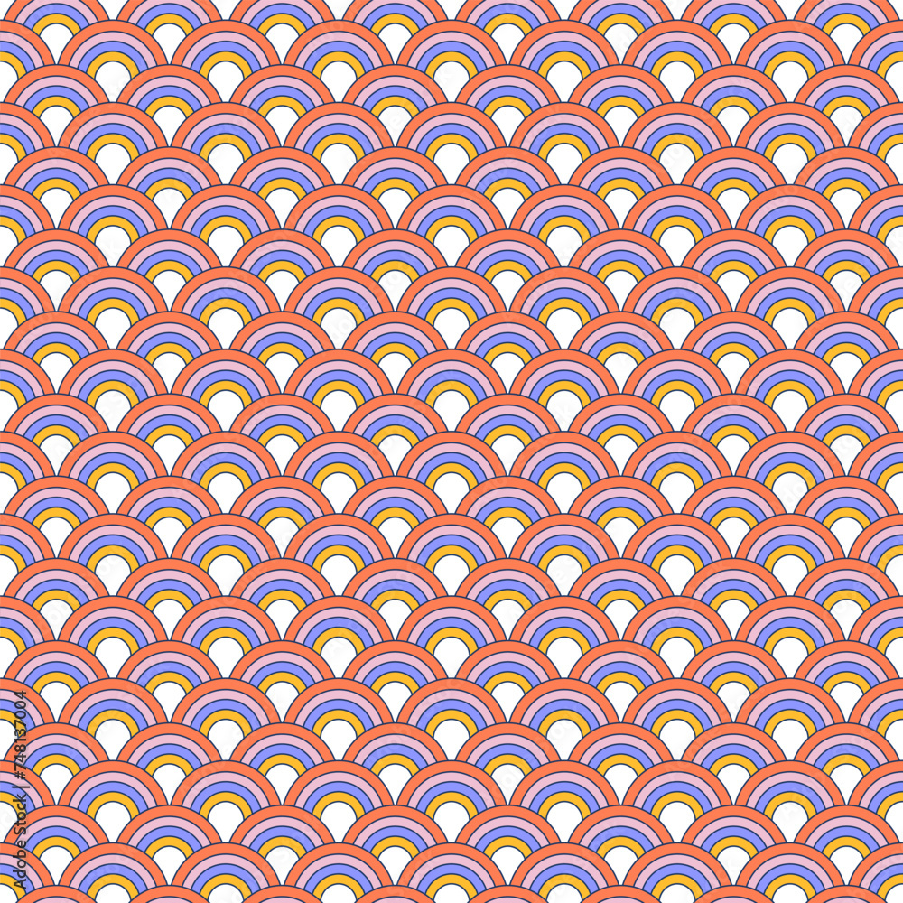 Mid Century Minimal Seamless Pattern with geometric rainbow stripes. Retro wave 80s art background. Striped arches in groovy 1970s style. Flat contour vector illustration Mid Century Minimal Seamless Pattern with geometric rainbow stripes. Retro wave 80s art background. Striped arches in groovy 1970s style. Flat contour vector illustration