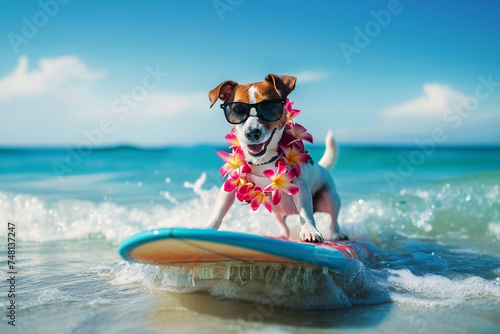 Funny dog in sunglasses rides a surfboard on the ocean waves. Summer vacation concept © Chebix