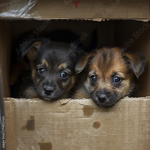 Abandon puppies in the paper box